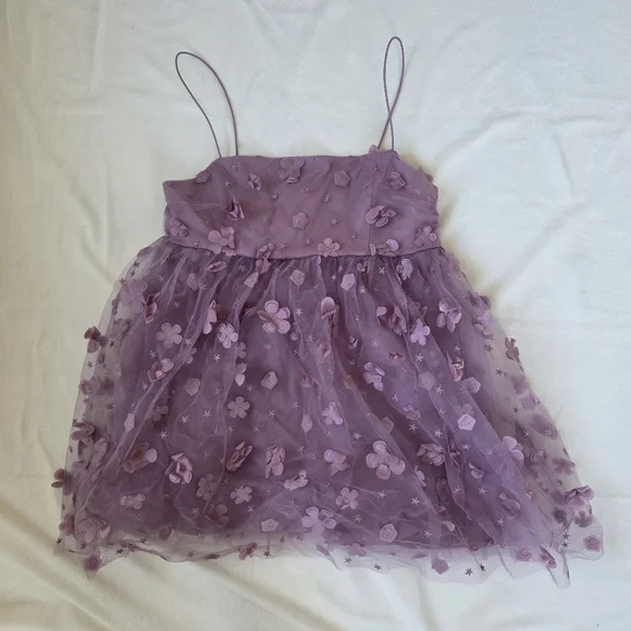 Trixxi Lavender 3D Floral Appliqué Tulle Babydoll Top - Picture 3 of 10